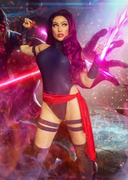 Sugarpuss TELEKINETIC ASSASSIN SET, Navy Thongback Onepiece Suit w Red Sash, Arm and Leg Bands, Fingerless Gloves, Cosplay Costume