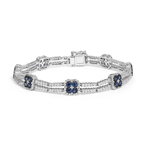 18K White Gold 2 3/4 Cttw Diamond and 3x3MM Sapphire Double Row Link Bracelet (G-H Color, VS1-VS2 Clarity) - 7 Inches