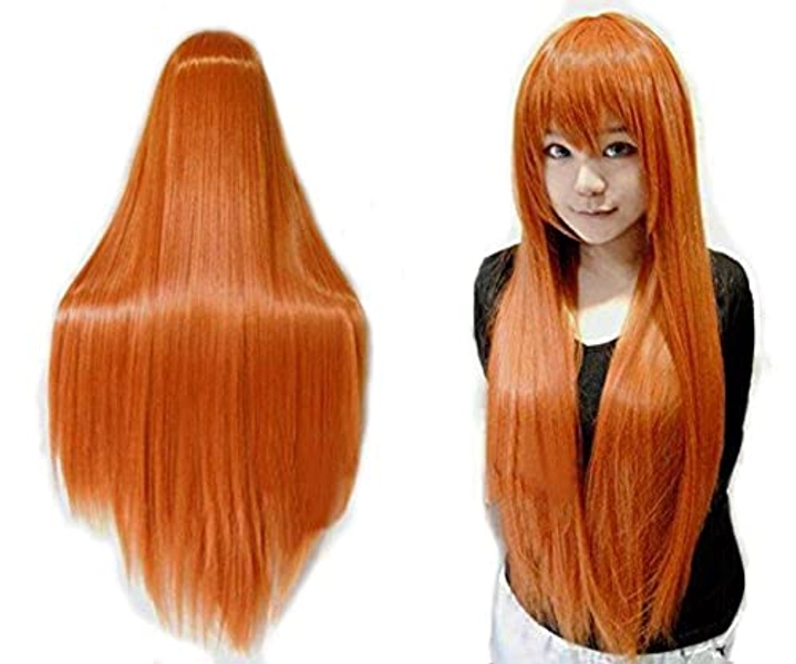 ANOGOL Wig Cap+32 in/ 80 cm Orange Wig Long Straight Orange Wig with Bangs Synthetic Hair Peluca Naranja Cosplay Wigs for Anime Cosplay Wig Ginger Wig with Bangs for Halloween Women Ginger Costume Wig