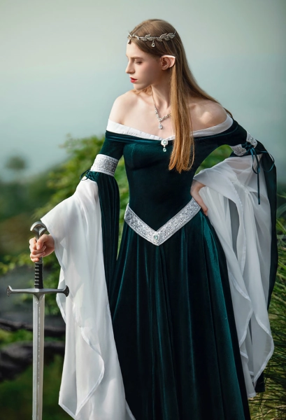 Medieval Renaissance Elf Costume - Off Shoulder Green Velvet Dress