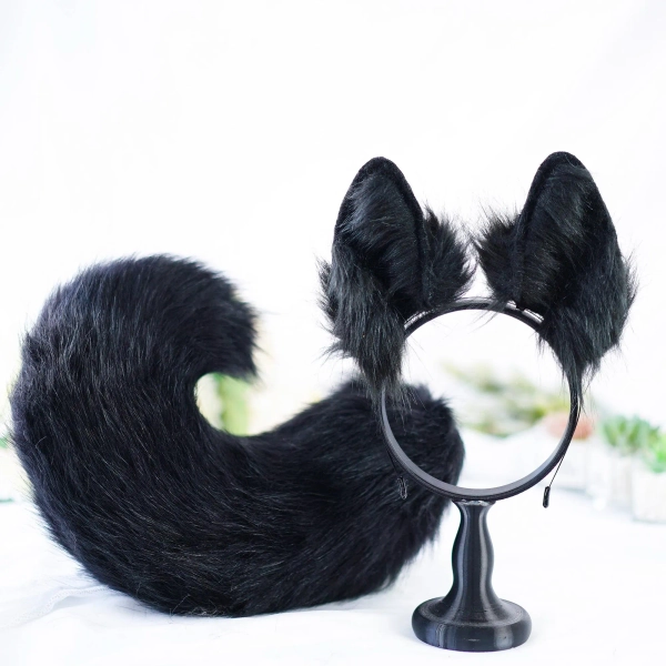 All Black Ears and Tail Set, Custom Furry Cosplay Set for Conventions and Halloween, Animal Costume Accessory, Pet Play Gothic