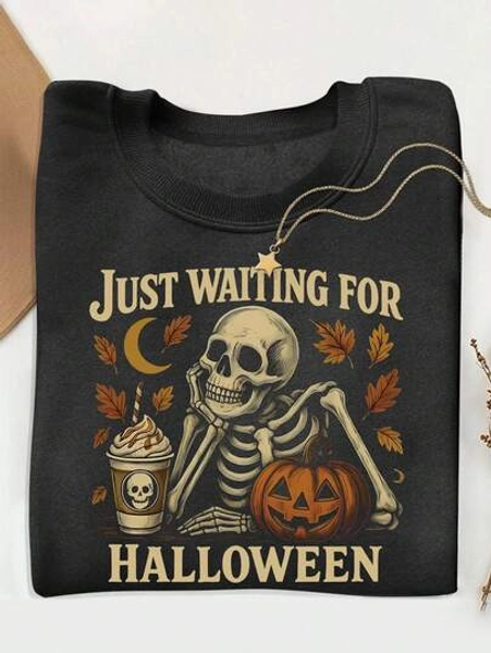 Lalippa Dames Halloween Skull & Pumpkin Print Crew Neck Sweatshirt