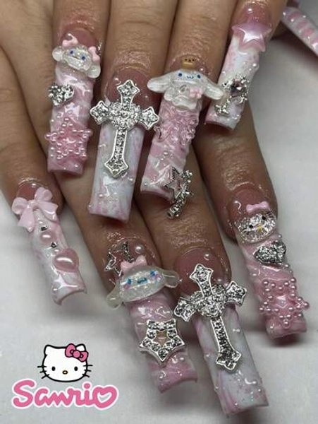 Sanrio 24PCS Extra Long Coffin Nail Stickers With Sanrio Pink Ballet, Hello Kitty, Cross, Star, Heart Designs, Suitable For Women's Daily Wear, Party, Includes 1 Gel Nail And 1 Nail File
