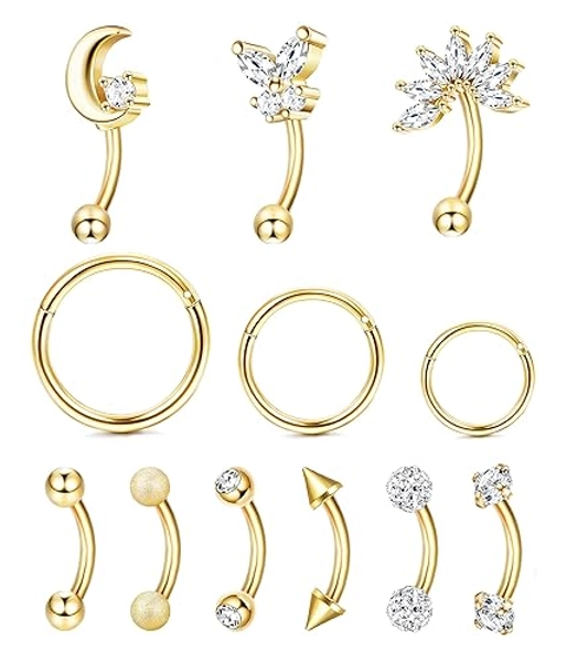 Ubjuliwa 12pcs 16G Rook Piercing Jewelry Eyebrow Rings Stainless Steel Belly Lip Ring Cartilage Hoop Rook Daith Earrings Tragus CZ Body Piercing Curved Barbell