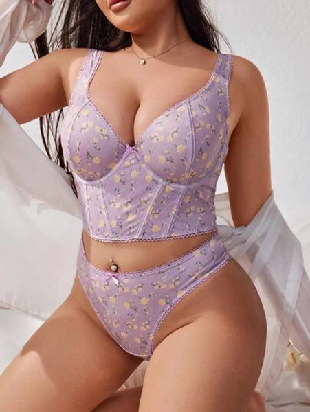 Plus Size Romantic Floral Printed Bra & Panty 2pcs/Set Outfits