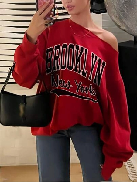 INAWLY Plus Size Oblique Shoulder Long Sleeve Letter Print Minimalist Casual Hoodie