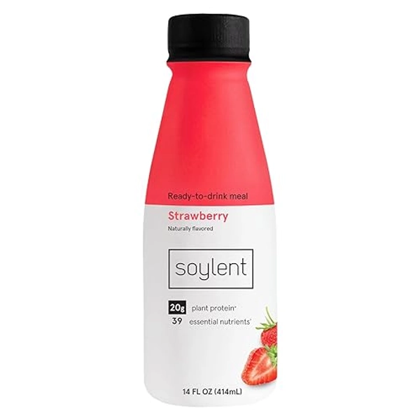 Soylent Complete Meal Replacement Shake, Strawberry, 20g complete protein, 28 vitamins & minerals, low sugar, 14oz (Single Bottle)