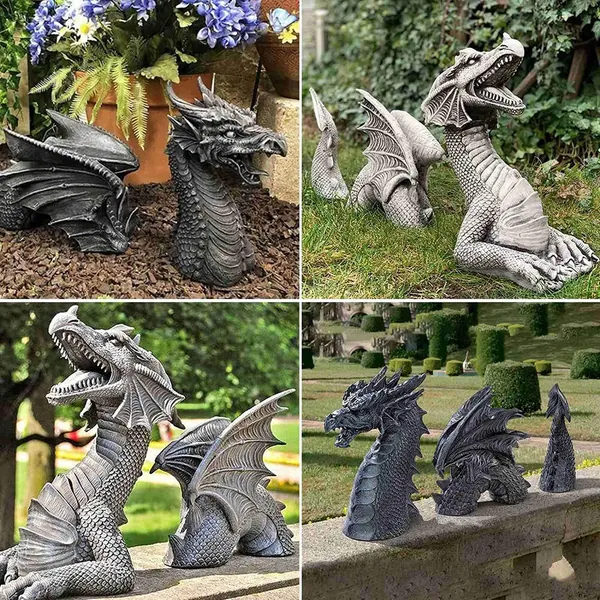 Resin Dragon Garden Decor Statue, Three-Section Flying Dragon Statue Garden Decoration, Outdoor Figurine Yard Art Ornaments