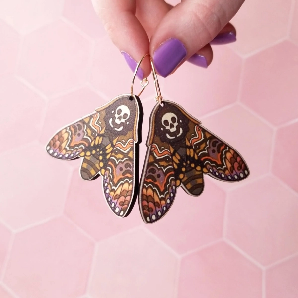 Deaths Head Moth Earrings ~ witchy goblincore, dark bohemian dangly earrings, whimsigoth Halloween jewellery