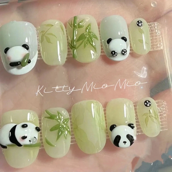 Kawaii 3D Panda Press On Nails|Bamboo Pure Hand-Painted Nails|Chinese Style Nails|Cute Design Fake Nails|Premium Summer Nails Stunning|Gift