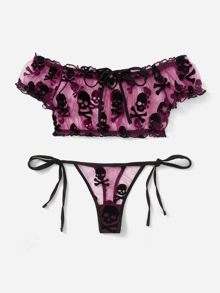 ROMWE Grunge Punk Skull Print Frill Trim Mesh Lingerie Set