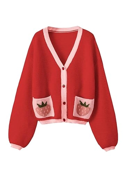 SHENHE Women's Strawberry Pattern Open Front Bishop Sleeve Casual Cardigan