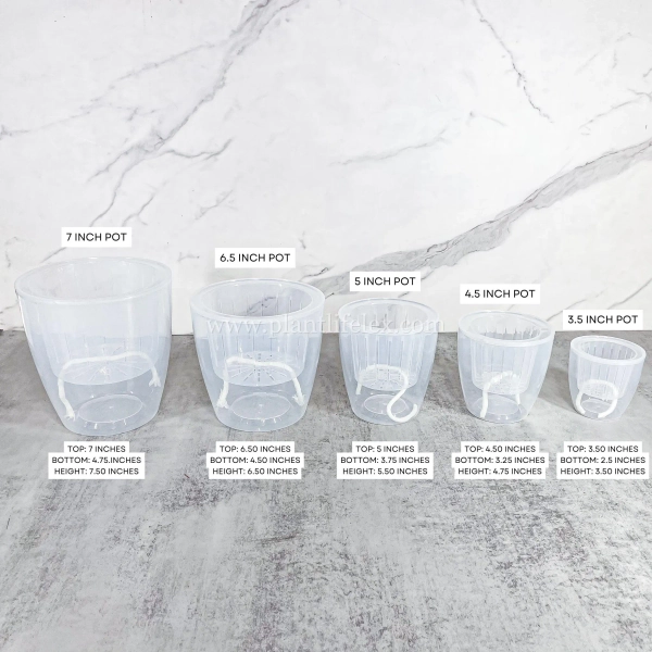 Clear Round Self Watering Plant Pots 2,4,6 Pack - Sizes: 3.5 Inch, 4.5 Inch, 5 Inch, 6.5 Inch & 7 Inch