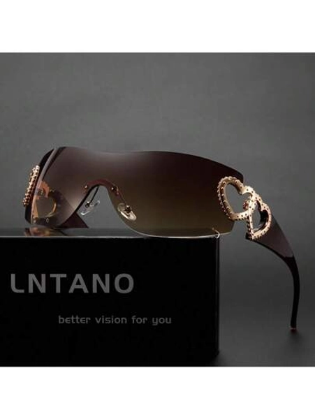 Y2K Style Rimless Fashion Glasses, Double Heart Detail, Metal Frame And PC Lenses - Women's Fashion Decorative Glasses, Metal Frame Fashion Glasses| YK Fashion Glasses| Polycarbonate Lenses