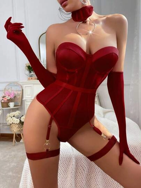 6pcs Red Elegant & Sexy Women's Bodysuit Set For Going Out