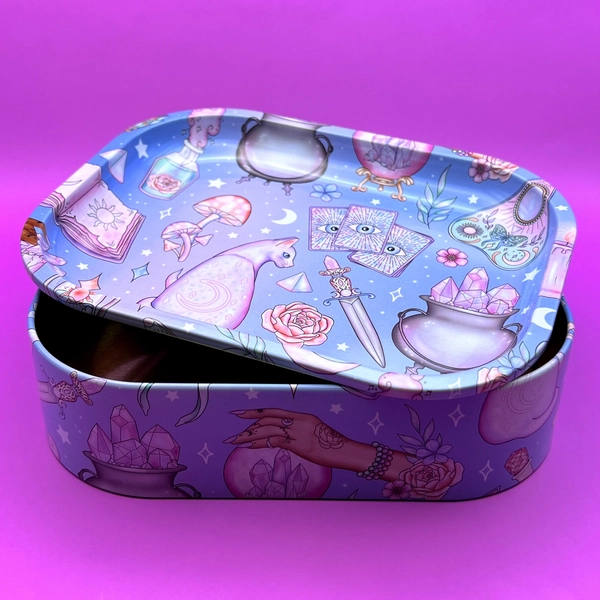Stash Box with Rolling Tray Lid, Tin Storage Kit - Container for Jewelry, Candy, Smoke Accessories - Magic Design with Gift Box Active
