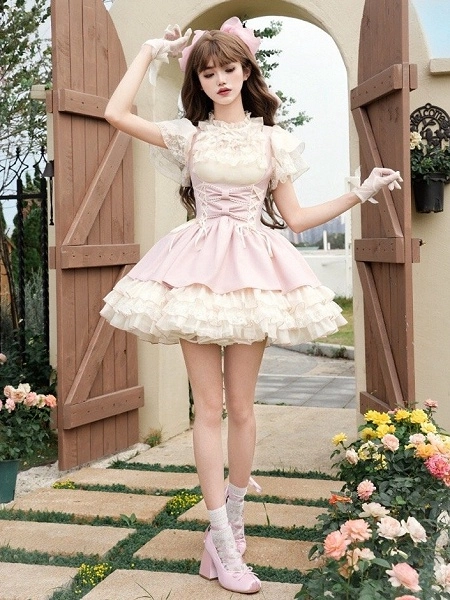 [$86.00]Pink Lace-up Details Under Bust Lolita JSK + Beige Blouse + Cami Top