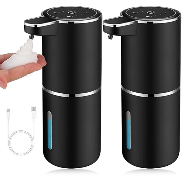 2 Pack Automatic Soap Dispensers,13.4oz/380ml USB Touchless Automatic Foaming Soap Dispenser,Rechargeabled Wall Mounted Smart Soap Dispenser for Bathroom Kitchen Dish Soap(Black) - Black - Foaming