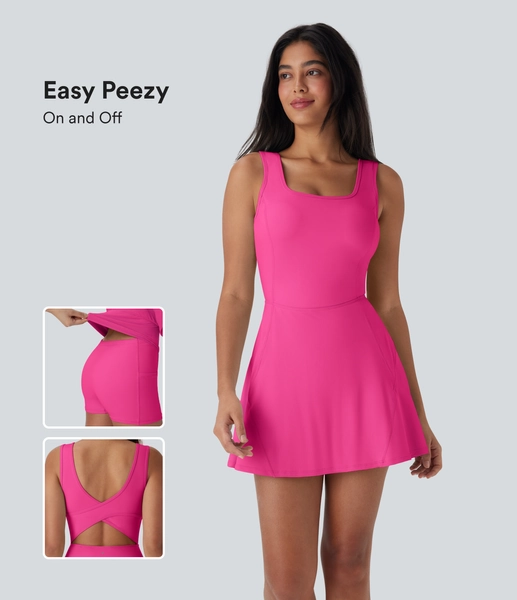 Softlyzero™ Airy Backless Crisscross U Neck 2-in-1 Side Pocket Mini Cool Touch Dance Active Dress-Easy Peezy