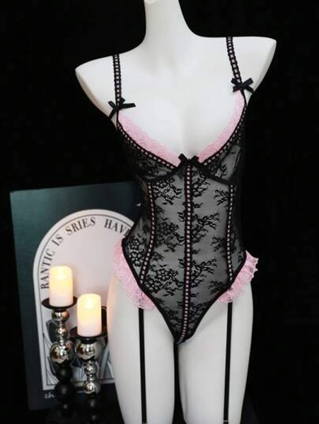 Lingerie Lace Open-Crotch Bra & Panty Set, Heart Backless Bodysuit With Garter Belts