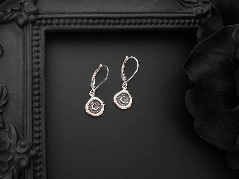 Sterling Silver Moon Wax Seal Lever Back Earrings: Celestial Jewelry
