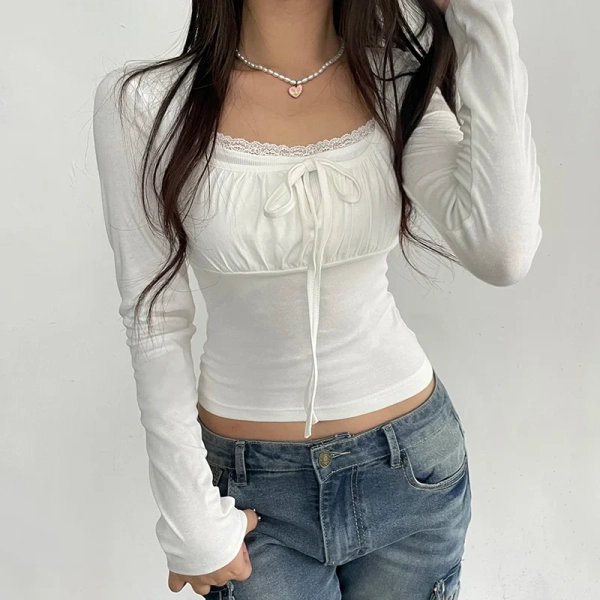 White Lace Patchwork Cute Kawaii Long Sleeve Cropped Top