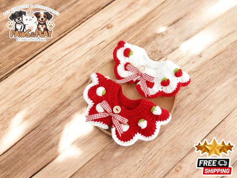 Handmade Knitted Pet Collar | Cute Wool Cat & Dog Necklace | Soft Crochet Kitten Bib | Strawberry Ribbon Fur Baby Accessory | Gift for Pets