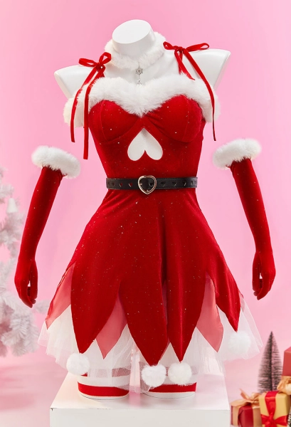 🎄 CHRISTMAS 🎄Christmas Elf Sexy Cosplay Set Plush Red and White Irregular Dress with Hat and Underskirt