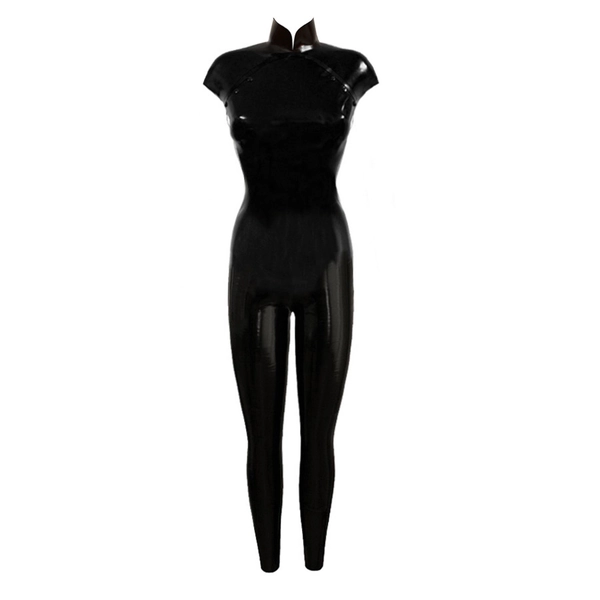 Latex Restricted Cheongsam Catsuit w/ single trim and Dressing for Pleasure Luxury Lubricant 20ml in supatex black