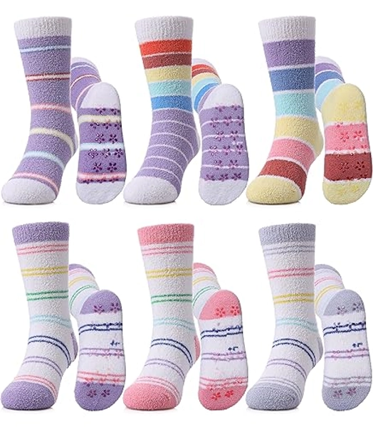 MQELONG Kids Non Slip Fuzzy Socks Girls with Grips Slipper Socks Cozy Fluffy Winter Warm Crew Gift Socks 6 Pack