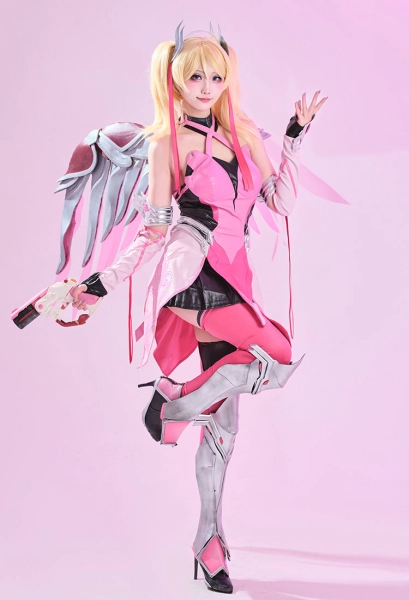 OW Angela Ziegler Pink Mercy Skin Cosplay Costume Dress with Skirt and Pantyhose