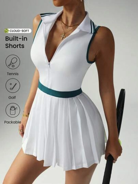 CourtClass Retro Farbblock Polokragen Reißverschluss Sport Kleid mit Shorts - Stilvoller Tennis Rock Sportkleid