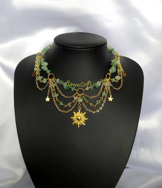 Boho Layered Necklace, Green Gold Crystal Fairy Jewelry, Handmade gift.