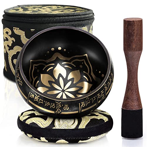 Tibetan Singing Bowl Set - Easy to Play- Dual-End Striker - Creates Beautiful Sound for Holistic Healing, Stress Relief, Meditation & Relaxation - Bliss Pattern - Black Bowl- Yoga singing bowl - Black