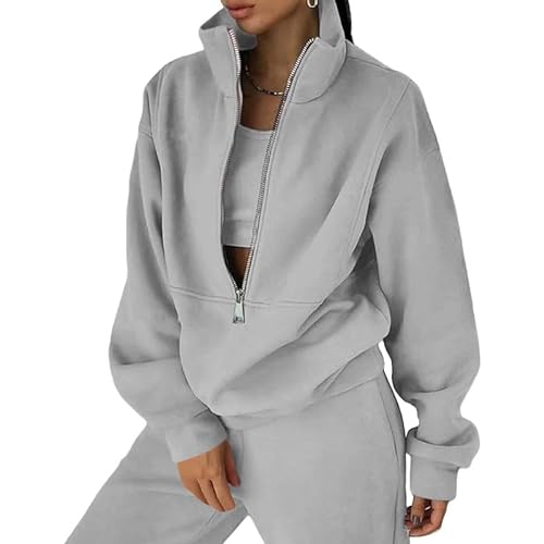 Litthing Tracksuit Womens Full Set Lounge Wear Sets 2 Piece Ladies Fleece Tracksuits Comfort Long Sleeve Activewear Zip Coat Tops Trousers Sets Fashion Casual Thermal Tracksuit Autumn Winter - S - Grey
