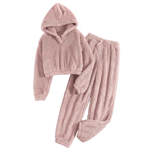 FunAloe Lounge Wear Sets For Women Uk Ladies Hooded Fleece Jumper Hoodies & Bottoms Fluffy Teddy Plush Tracksuit Womens Full Set Comfy Co Ord Sets Winter Warm 2 Piece Outfits Homewear Pyjamas - S - A1103 A1 Pink