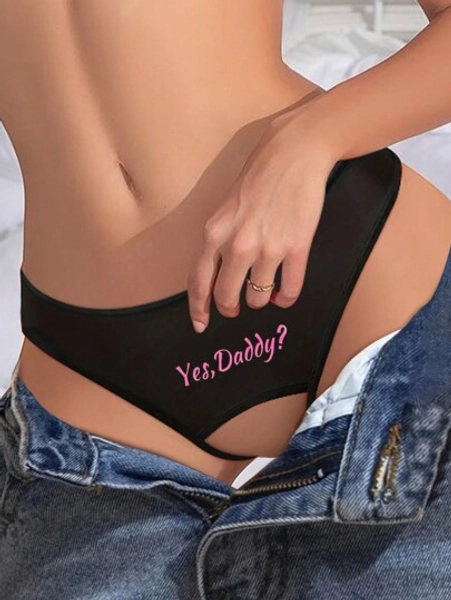 Women's Black Low-Waist Comfortable Sexy Plus Size Letter Print Open-Crotch Thong Panties