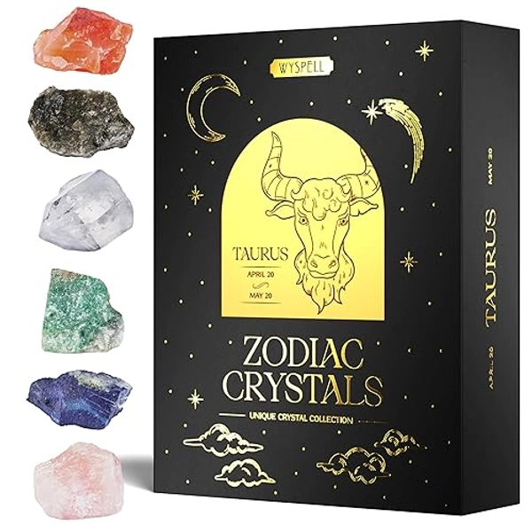 Wyspell Taurus Crystal Set - 6 Raw Taurus Crystals and Healing Stones - Zodiac Gifts for Women - Birthday Gifts for Women - Astrology Gifts for Women - Zodiac Crystal Set