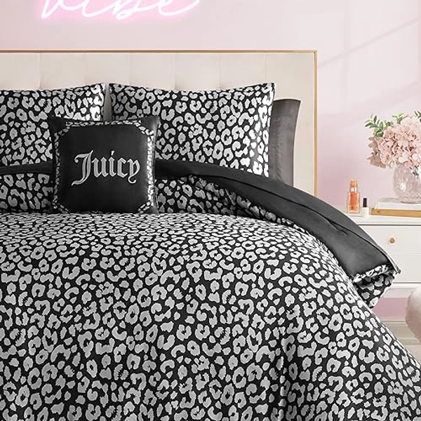 Juicy Couture Modern Black Leopard Satin Full Comforter Set - Luxury Bed in a Bag – Soft & Stylish 8-Piece Bedding Collection