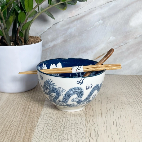 Oriental Blue Dragon Ceramic Ramen Rice Noodle Bowl