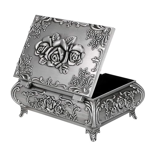 Hipiwe Vintage Metal Jewelry Box Small Trinket Jewelry Storage box For Rings Earrings Necklace Treasure Chest Organizer Antique jewelry Keepsake gift Box Case for Girl Women (Large) - Large - Silver