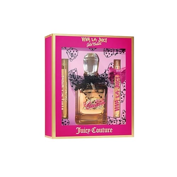 Juicy Couture 3 Piece Fragrance Set Viva La Juicy Gold Eau De Parfum, Women's Perfume Set Includes EDP Spray Perfume & Two Mini Perfumes - Fruity & Sweet Travel Perfume for Women, 3.4 fl. oz