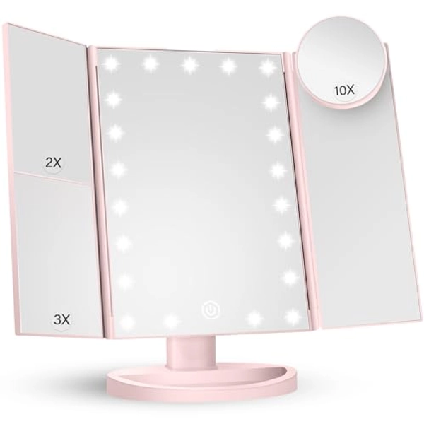 HUONUL Makeup Mirror Vanity with Lights, 2X 3X 10X Magnification, Lighted Mirror, Touch Control, Trifold Dual Power Supply, Portable LED Women Gift (Pink)