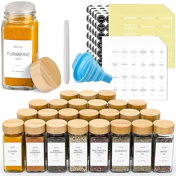 NETANY 24 Pcs Glass Spice Jars with Bamboo Lids, 4 oz Glass Jars with Minimalist Farmhouse Spice Labels Stickers, Collapsible Funnel, Seasoning Storage Bottles for Spice Rack, Cabinet, Drawer