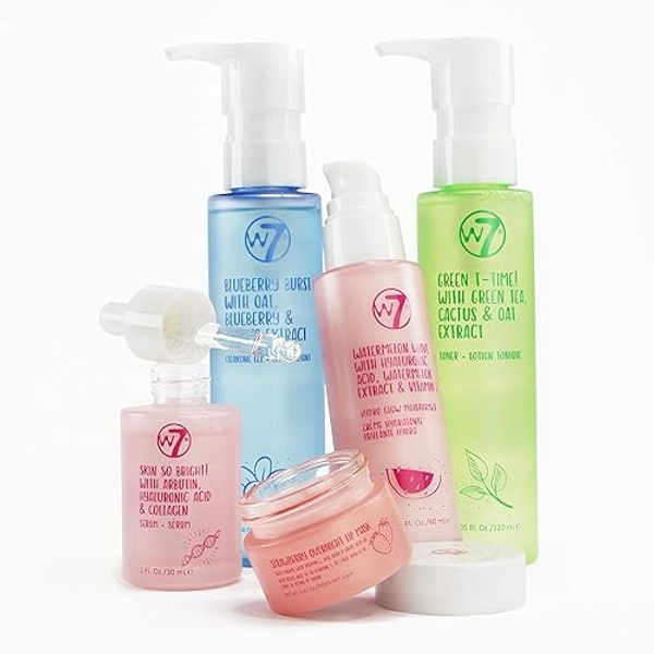 W7 Self-Care Skincare Set - 5-Step Daily Routine Gift Set - Includes Hydrating Cleanser, Soothing Toner, Anti-Aging Serum, Repairing Moisturiser & Lip Mask - Suitable for All Skin Types