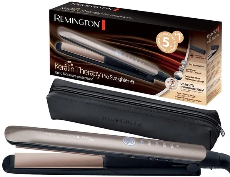 Remington Lisseur Cheveux [Innovation: Capteur de Protection contre la chaleur] Keratin Therapy (Soin Kératine & Huile d'Amande, Céramique, Ecran LCD, 160-230°C, pochette) Fer à lisser S8593