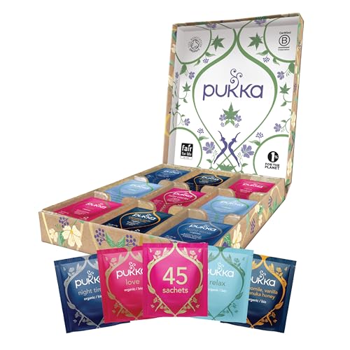 Pukka | Coffret Cadeau Noël Relax | Sélection Assortiment de 5 Infusions 100% Bio | 45 sachets Tisanes Camomille, Miel de Manuka, Fenouil, Lavande, Vanille, Rose | Idée Cadeau Femme Mère - Unique