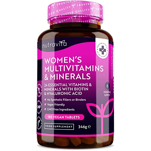 Multivitamines et minéraux pour femmes - 24 vitamines et minéraux actifs essentiels, y compris la biotine et l'acide hyaluronique - 180 comprimés végans - Fabriqué par Nutravita