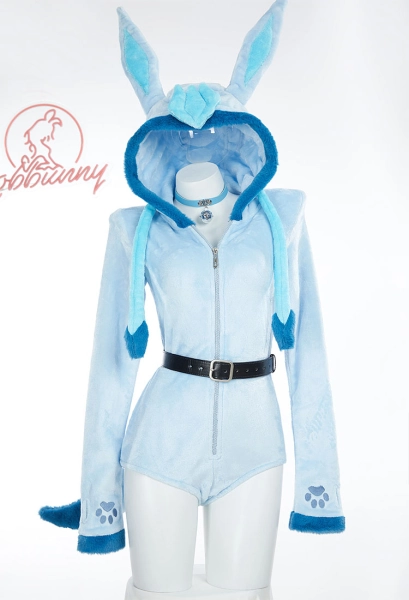 PM Derivative Fluffy Bodycon Romper Blue Furry Lingerie Hooded Bodysuit Jumpsuit Homewear with Tail Belt and Socks S-4XL