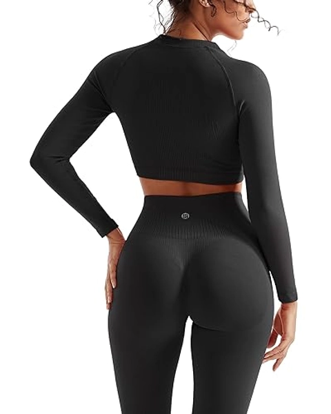 SUUKSESS Women 2 Piece Workout Sets Hidden Scrunch Butt Lifting Seamless Leggings Long Sleeve Yoga Crop Tops